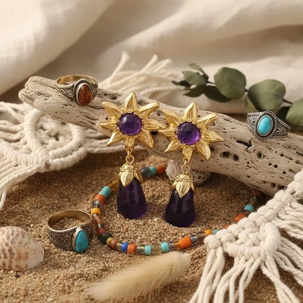 Flower Gold Lucite Earrings Sunflower Star Chunky Statement Boho Clear Cabochon